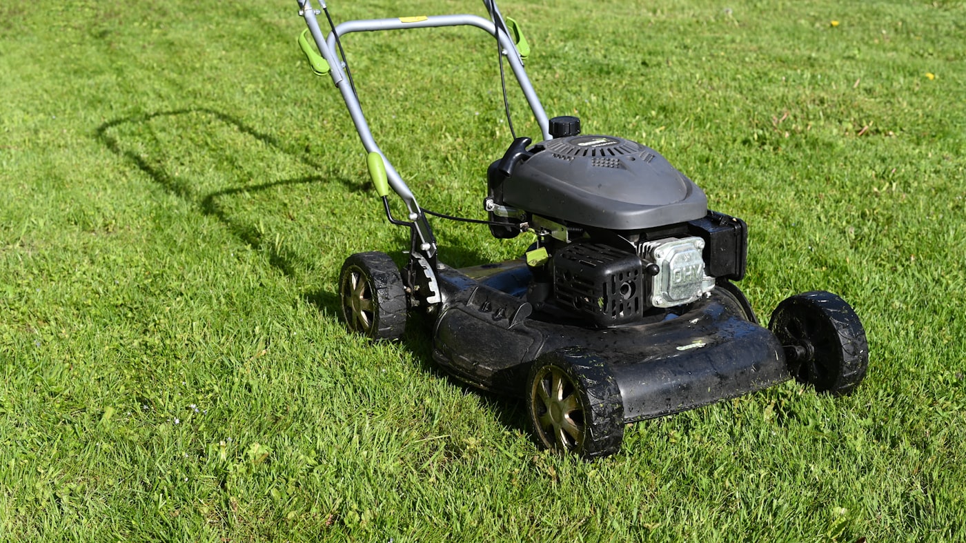 Mowing a healthy green lawn